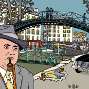 Illustration d'un homme en smoking, pipe au bec, devant un pont et un canal