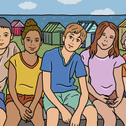 Quatre jeunes gens assis sur un banc devant la mer