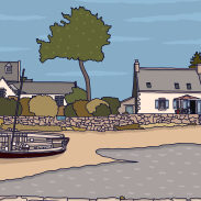 Village côtier avec maison blanche et bateau