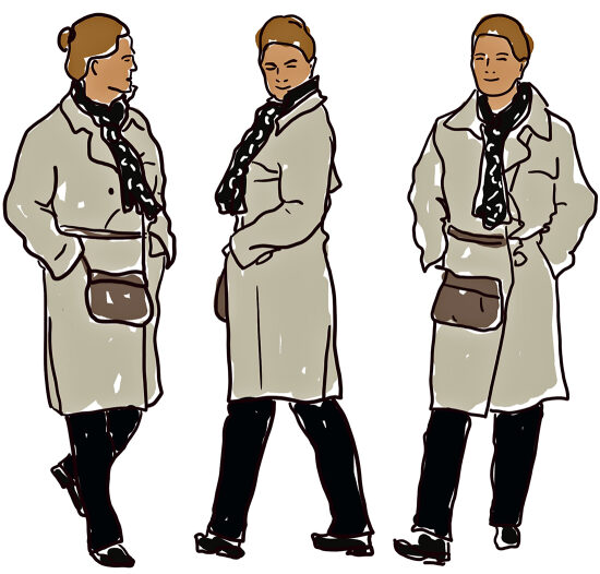 Trois femmes en manteaux beige