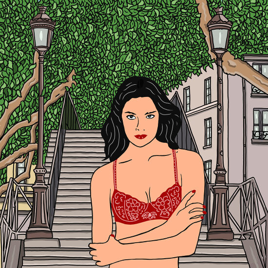 Portrait d'une femme en lingerie rouge sur des escaliers