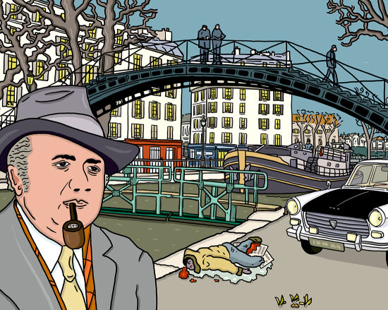 Illustration d'un homme en smoking, pipe au bec, devant un pont et un canal