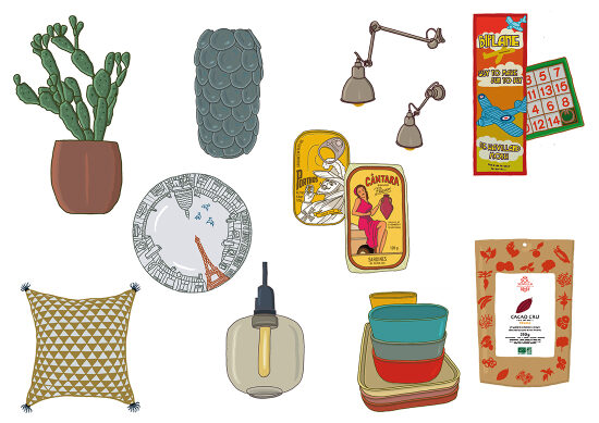 Cactus, plat, huile, bougies, coussin, boites de sardines, café