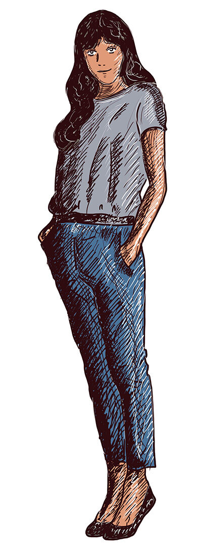 Une jeune femme en jeans et t-shirt gris