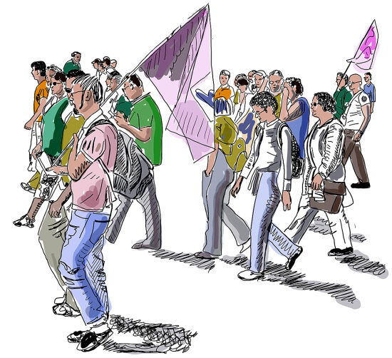 défilé de personnes avec drapeau