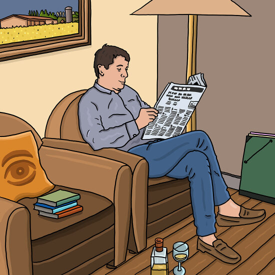 Un homme lisant un journal dans un salon confortable