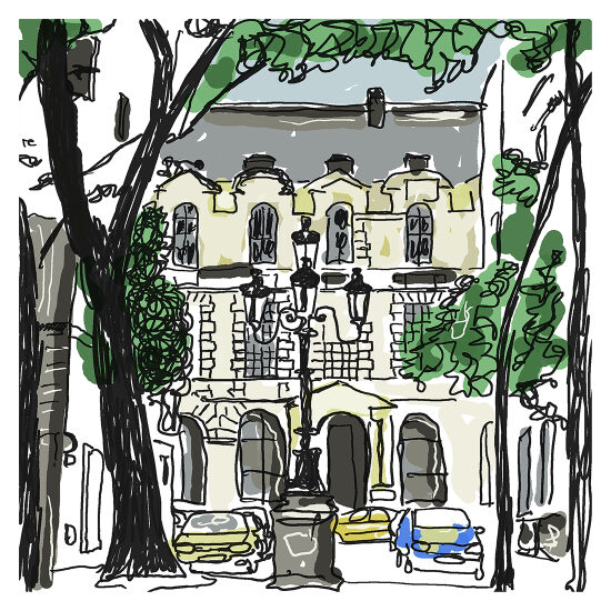 Villa en pierre, rue bordée d'arbres