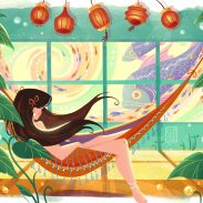 Femme dans un hamac avec poissons
