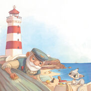 L'homme au nez blanc, le chat gris et la tour blanche et rouge
