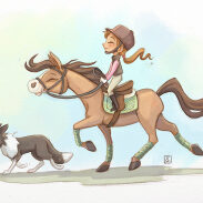 Enfant à cheval avec un chien