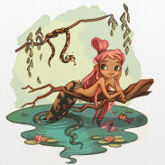 Fille et serpent dans un étang