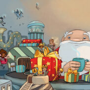 Sant Claus et les anges en train de préparer les cadeaux