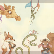 Girafe, renard, serpent, éléphant, singe, vache