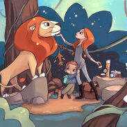 Femme et lion dans la forêt