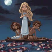 Enfants sur un radeau sous la lune