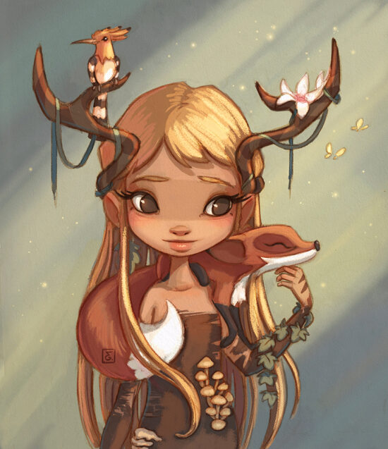 Fille avec des antlers et un renard