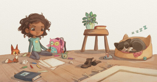 Petite fille assise sur un tapis, avec des crayons, un livre et un sac à dos coloré.