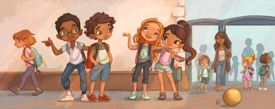 Groupe d'enfants dans une cour d'école