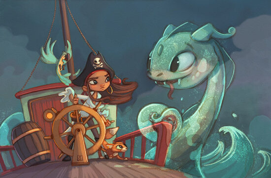 Pirate et monstre marin sur un navire