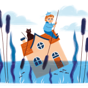 Fille et chat dans un bateau en eau