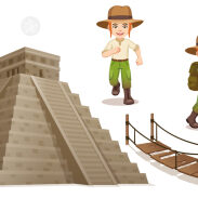 Aventurier devant une pyramide maya