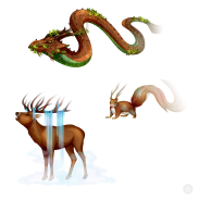 dragon de bois, écureuil, cerf