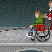 un homme en fauteuil roulant et une femme en rouge dans la pluie