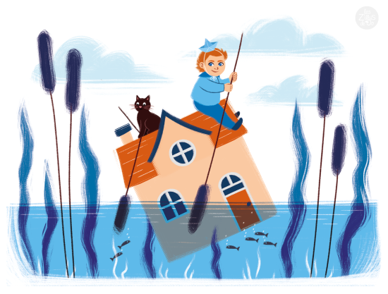 Fille et chat dans un bateau en eau