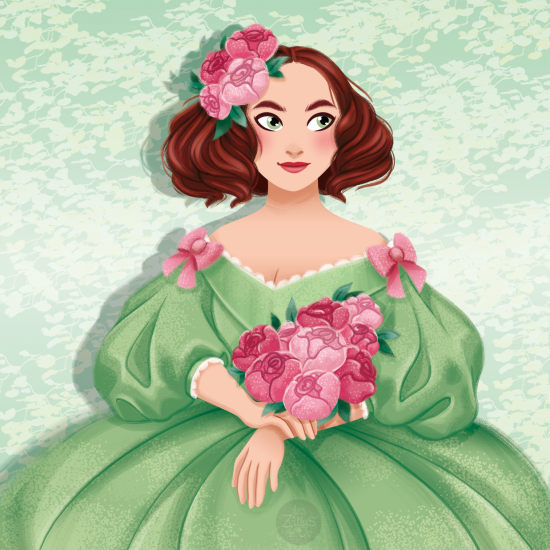 Femme avec robe verte et fleurs