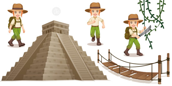 Aventurier devant une pyramide maya