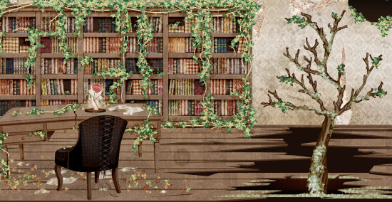 Table et chaise devant une bibliothèque, avec des lianes et des fleurs