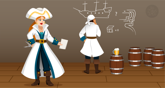 Illustration d'une femme en costume de pirate à la recherche d'un trésor