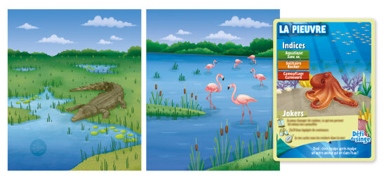 Crocodile et flamants roses dans un marais