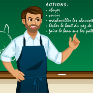 Un homme en tablier bleu devant un tableau noir avec une image de chat et une liste d'actions