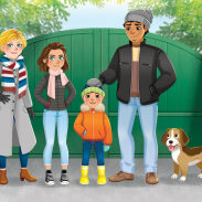 Famille devant un portail vert