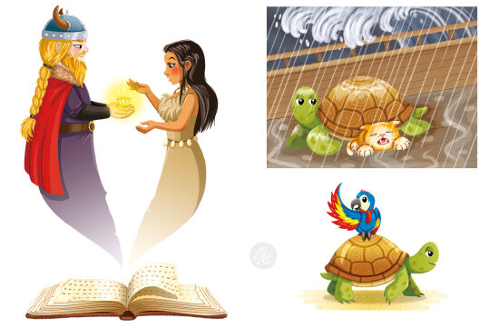 Scène fantastique avec tortues et personnages