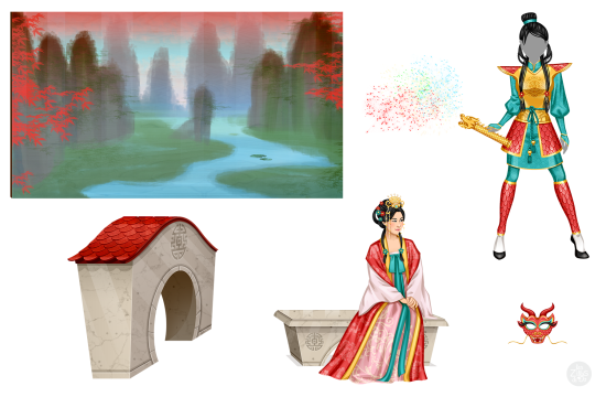 Illustration de femmes dans un jardin de style chinois