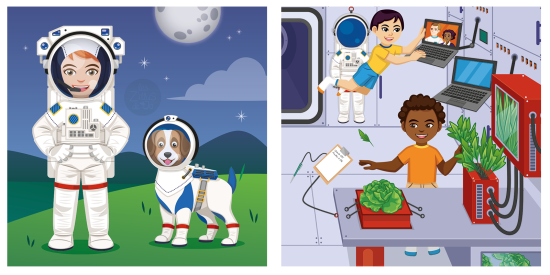 Astronautes et enfants en espace