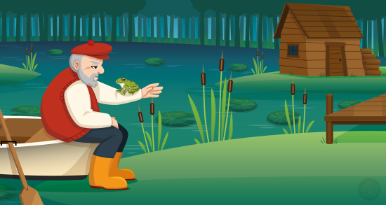 Homme avec grenouille au bord de l'eau