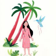 Femme avec colibri sous des palmiers