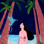 Femme admirant un oiseau tropical