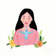 Portrait féminin avec oiseau et fleurs