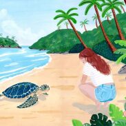 Femme interagissant avec une tortue