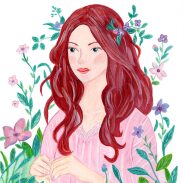 Portrait féminin entouré de fleurs