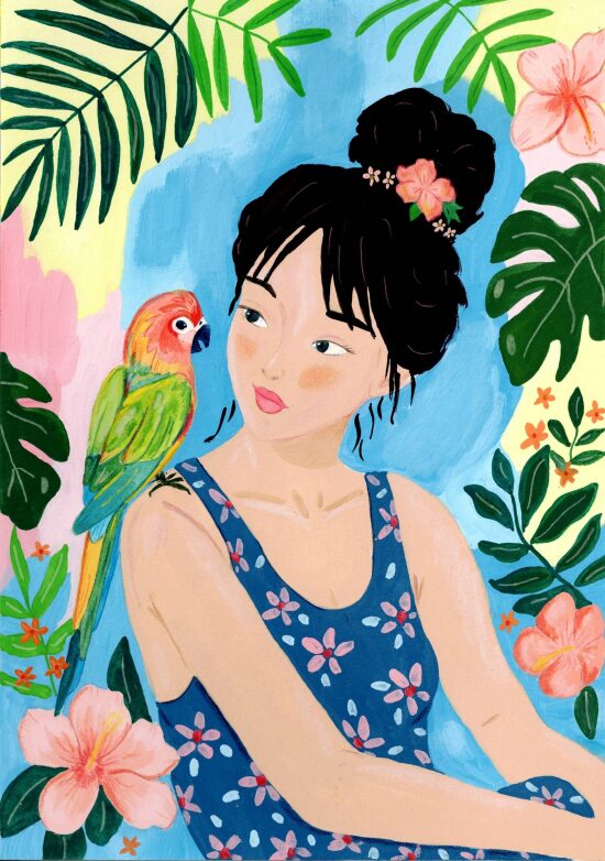 Femme avec un perroquet et des fleurs