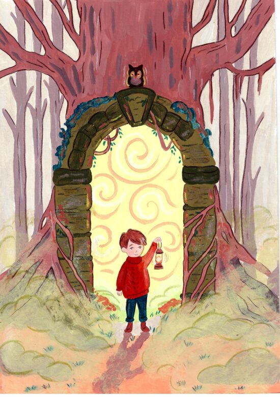 Enfant avec une lanterne dans la forêt