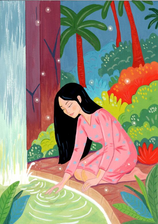 Femme au bord d'une source