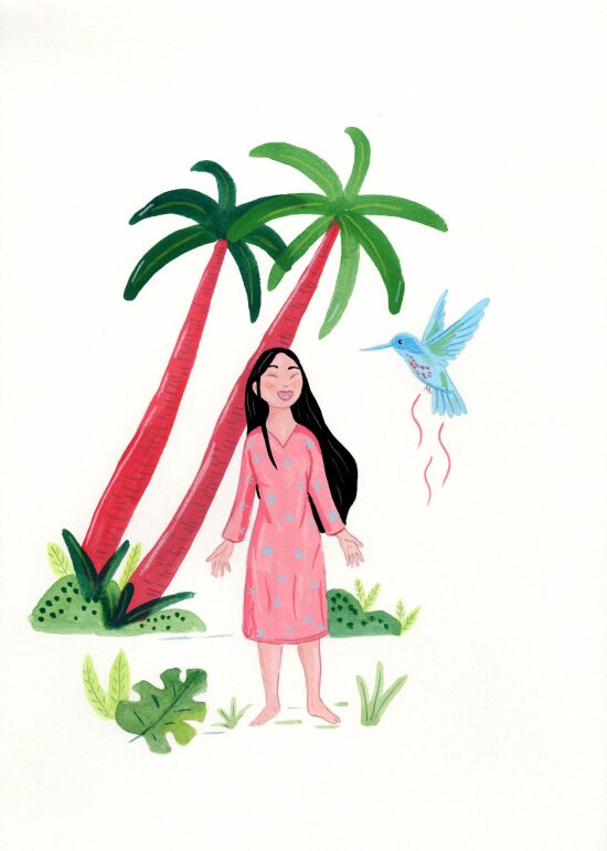 Femme avec colibri sous des palmiers