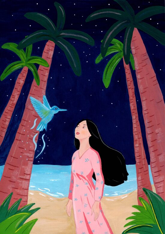 Femme admirant un oiseau tropical