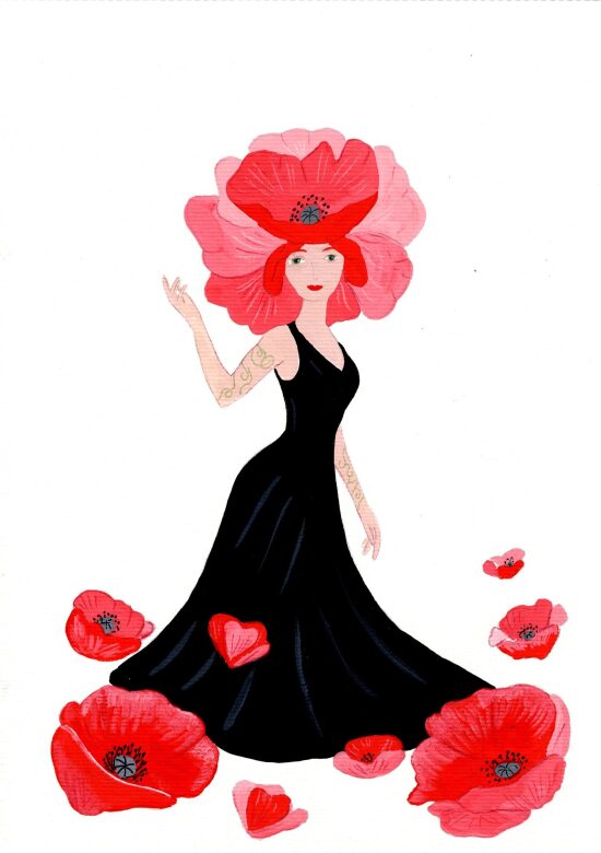Femme élégante entourée de coquelicots